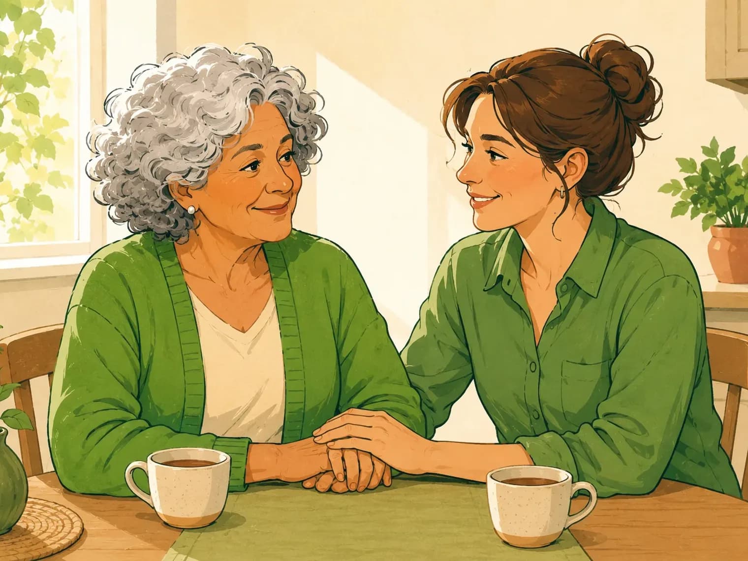 Illustration: Eine Tochter sitzt mit ihrer Mutter am Küchentisch bei einer Tasse Tee